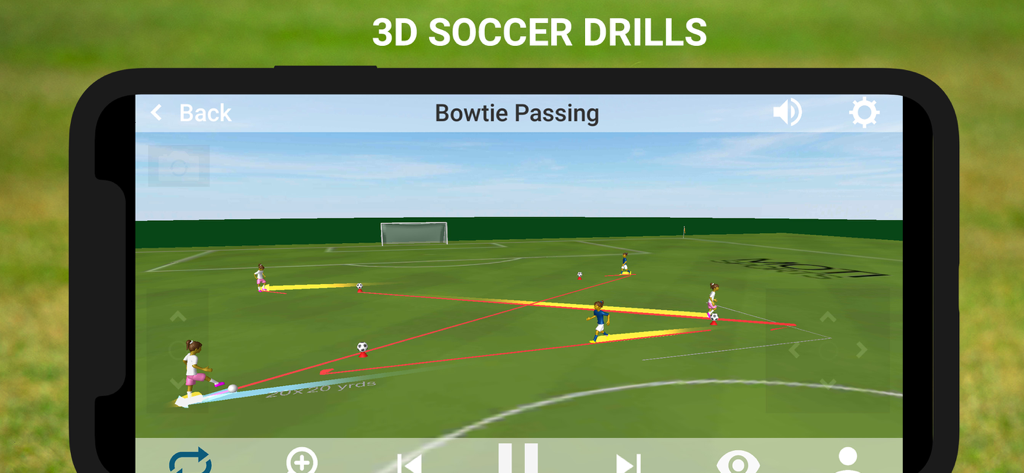 MOTI™ Soccer - MOTI Soccer app displaying a 3D bowtie passing drill with female player avatars on a digital soccer field.