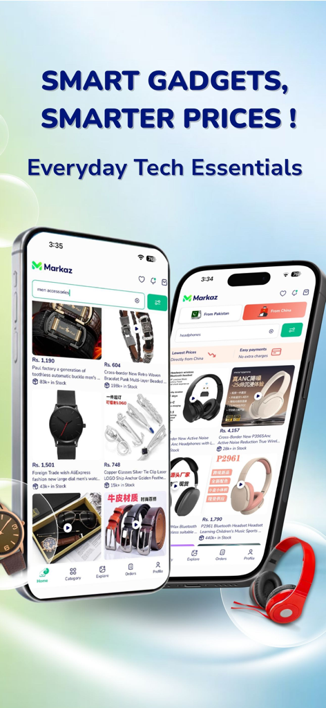 Markaz: Online Shopping & Earn - Markaz 모바일 앱 인터페이스, 리셀링을 위한 스마트 가젯 및 기술 필수품 표시