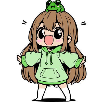 a excited chibi girl whith long hair and a baggy shirt whith a frog on there head