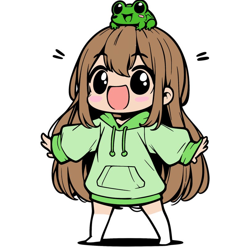 a excited chibi girl whith long hair and a baggy shirt whith a frog on there head