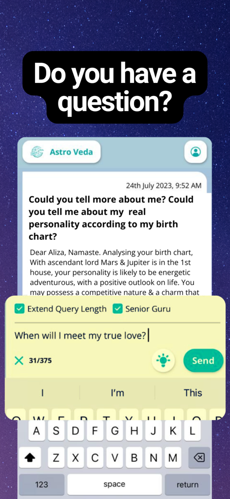 AstroVeda: Your Astrology Guru - AstroVeda app chat interface where a user asks a professional guru about finding their soulmate