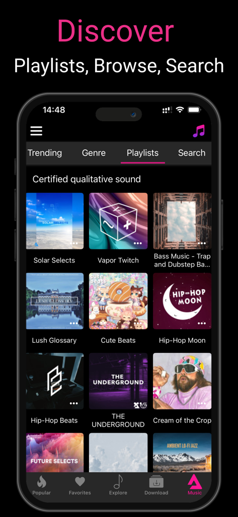 Offline Music Player ‣‣ - A smartphone interface showing the discovery screen of the Offline Music Player app with various music playlist tiles