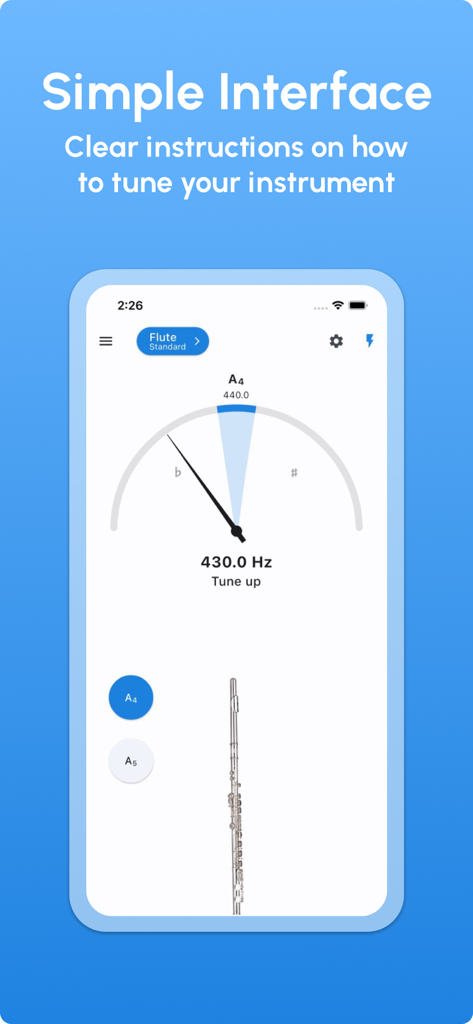 Flute Tuner - LikeTones - Flute Tuner app interface showing a frequency needle and tuning instructions.