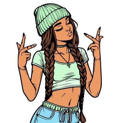 realistic teenage girl with braids and a beanie and crop top doing 🫶🏼