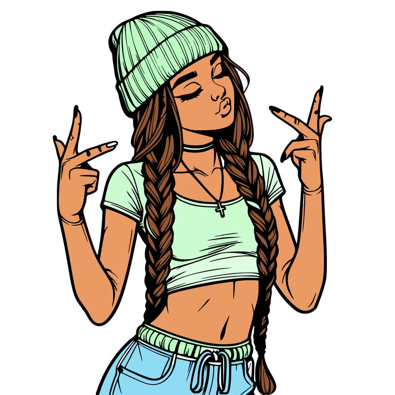 realistic teenage girl with braids and a beanie and crop top doing 🫶🏼
