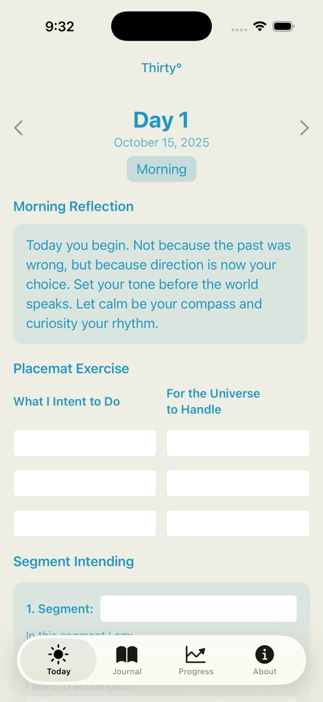 30thirty - 30thirty app morning reflection and daily intention setting screen