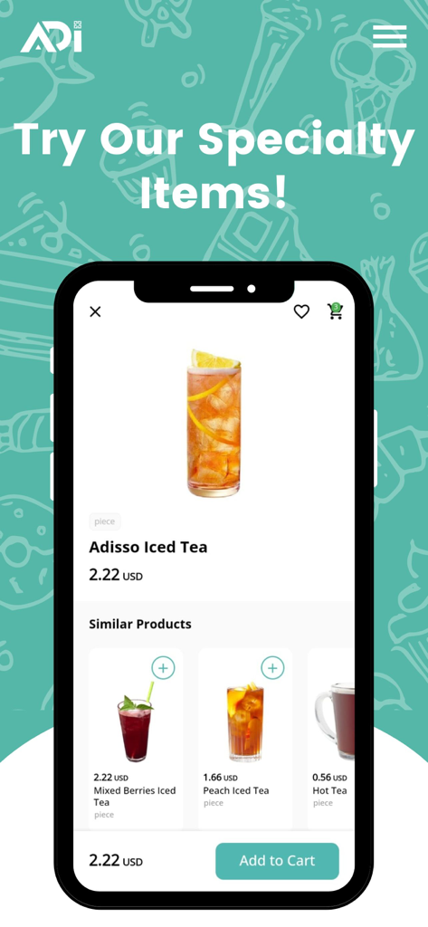 ADI Lebanon - Pantalla de la aplicación ADI Líbano mostrando opciones de té helado especial y productos de bebidas similares