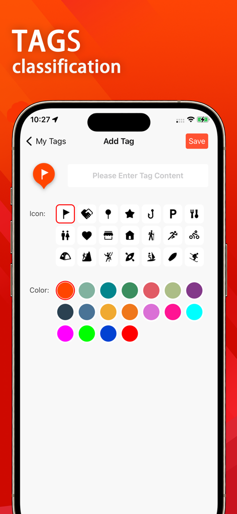 Map Marker：Pin, Track&Discover - Der Bildschirm zur Tag-Anpassung der Map Marker App mit verschiedenen Icon- und Farboptionen zur Organisation von Pins
