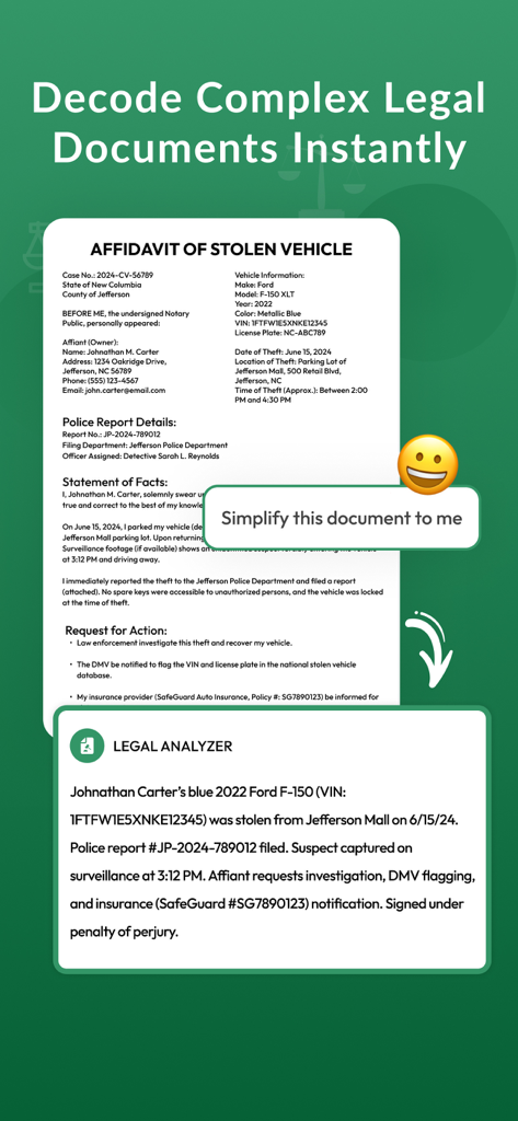 AI Legal Case Analyzer app screen showing a complex legal affidavit being simplified into a concise document summary