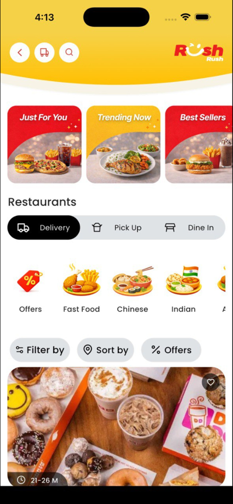 Rush Rush - رش رش - Startbildschirm der Rush Rush App mit Restaurantkategorien und Lieferoptionen
