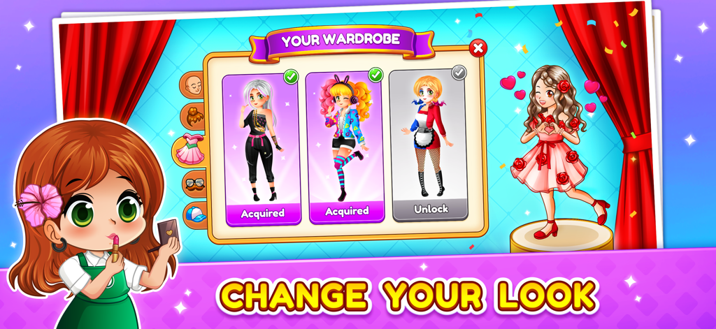 Character customization screen showing different fashion outfits in Cafe Panic