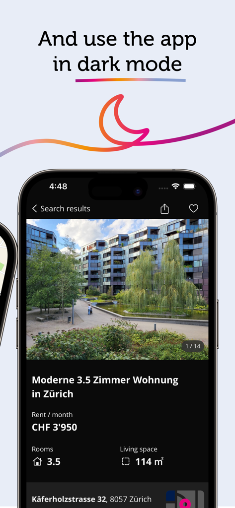 Homegate Swiss real estate - Homegate app interface in dark mode showing a modern apartment listing in Zurich.