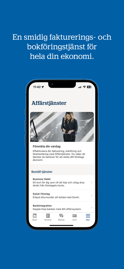 Aplicativo Handelsbanken SE Företag mostrando serviços empresariais incluindo integração com Business Debit e Swish.