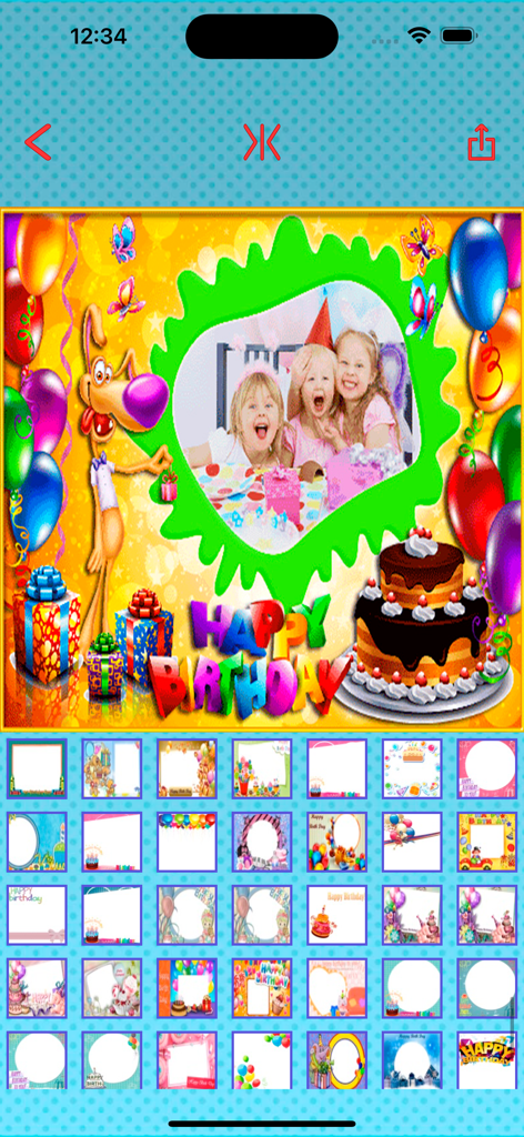 Happy birthday photos frames - Interfaz móvil de una aplicación de marcos de fotos de cumpleaños con un marco festivo colorido y varias plantillas de diseño