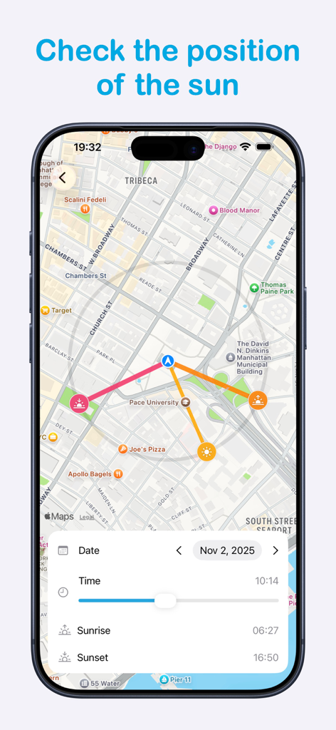 Sunrise Sunset: Times & Alarms - Interaktive Karte mit Sonnenpfad und -winkeln für Sonnenauf- und -untergang