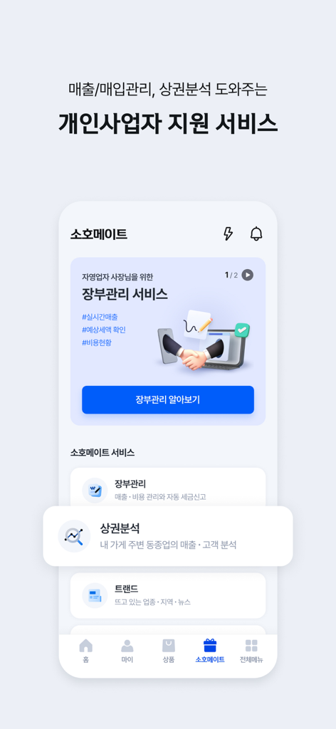 Un'interfaccia dell'app mobile Shinhan SOL Biz che mostra servizi di gestione aziendale per imprenditori, inclusa la contabilità e l'analisi di mercato