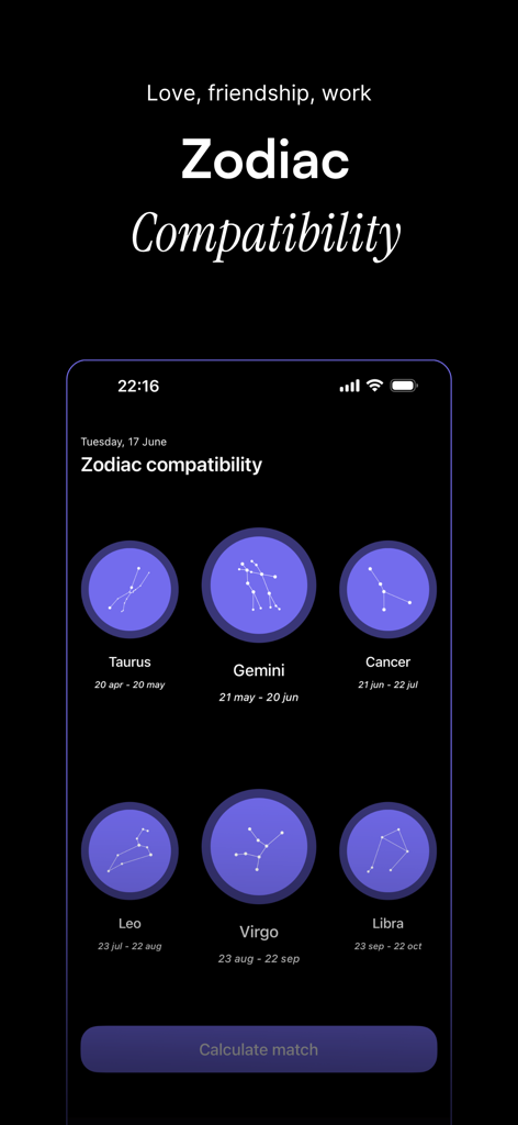 Orion – Horoscope & Tarot - Interface do aplicativo Orion mostrando a seleção de compatibilidade de signos do zodíaco para diferentes signos