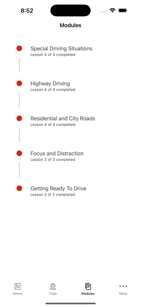 Steer Clear app modules screen showing completed driving lessons