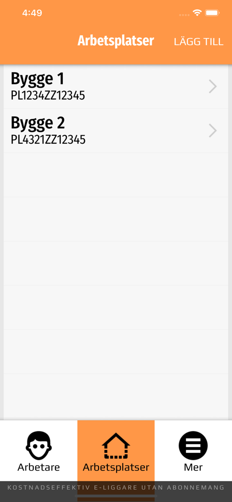 e-liggare Personalliggare bygg - e-liggare app screen showing a list of construction workplaces