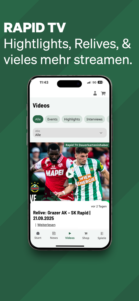 SK Rapid 1899 - Capture d'écran de l'application SK Rapid 1899 montrant la section Rapid TV pour le streaming des temps forts et des rediffusions de matchs