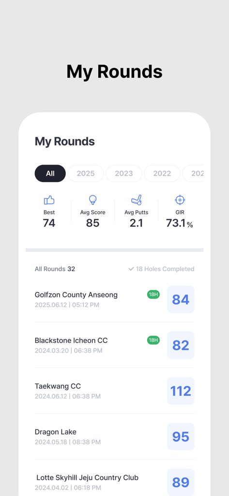 SmartCaddie - Golf GPS - SmartCaddie app screen displaying golf round history including average scores and greens in regulation percentage