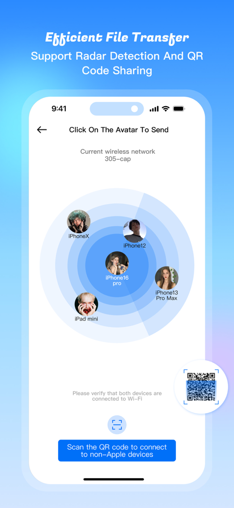 Share File：Smart Transfer Data - NeTransfer-App-Radarbildschirm, der nahegelegene Geräte für die schnelle Dateifreigabe und die QR-Code-Verbindung anzeigt