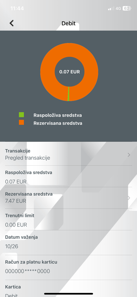 Mobile screen showing debit card account balance and reserved funds with a visual chart