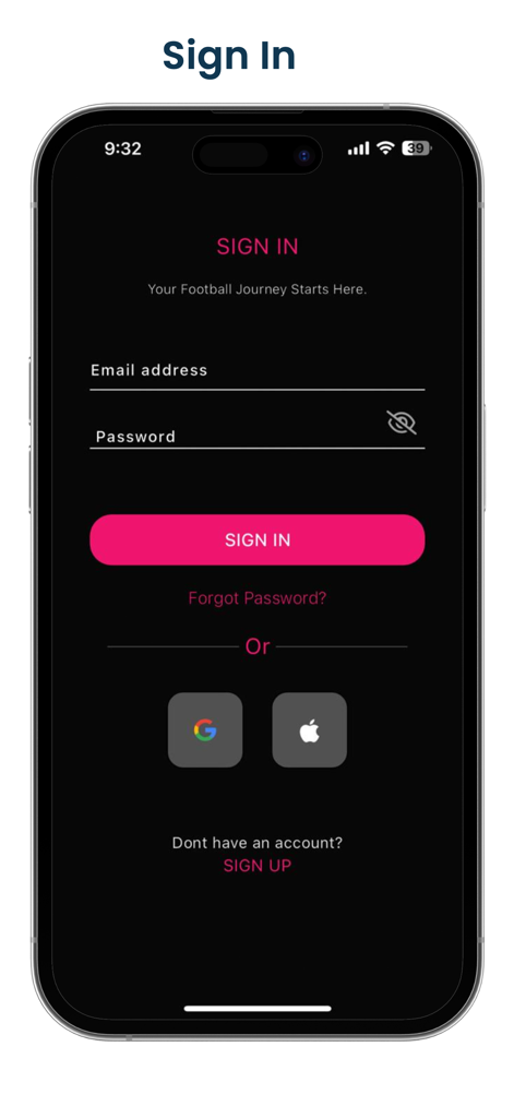 Pantalla de inicio de sesión para la aplicación de entrenamiento de fútbol One Of Eleven