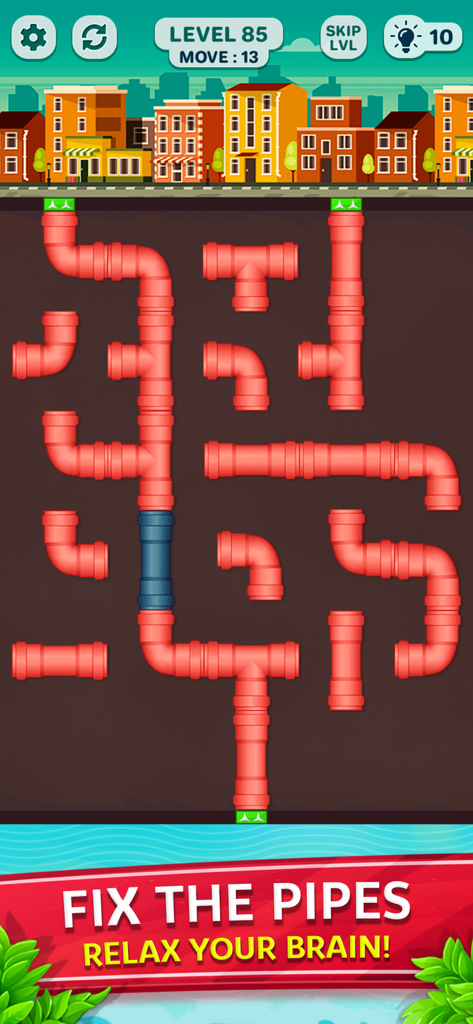 Classic Number Game -Numpuzzle - Una captura de pantalla del nivel de puzzle Water Pipe Repair en la aplicación Classic Number Game mostrando tuberías rojas para conectar.