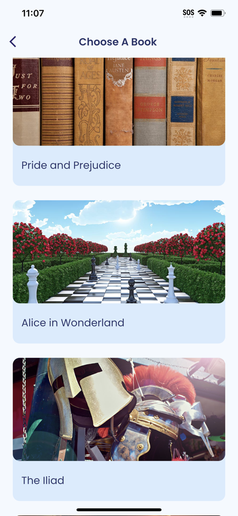 CBT-i Coach app screen for choosing a book to read during wind-down showing classics like Pride and Prejudice and The Iliad