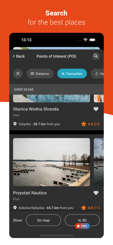 Pantalla de la aplicación mostrando puntos de interés para navegantes como puertos y calificaciones