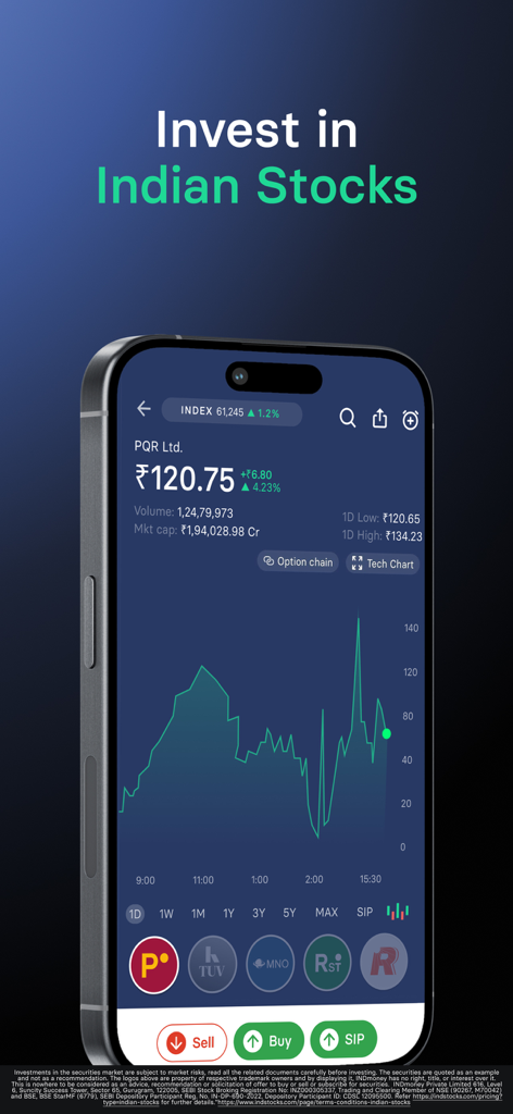 INDmoney: Stocks, Mutual Fund - INDmoneyアプリのインターフェースを表示するスマートフォン画面。株価チャートと売買またはSIP開始のオプションを表示