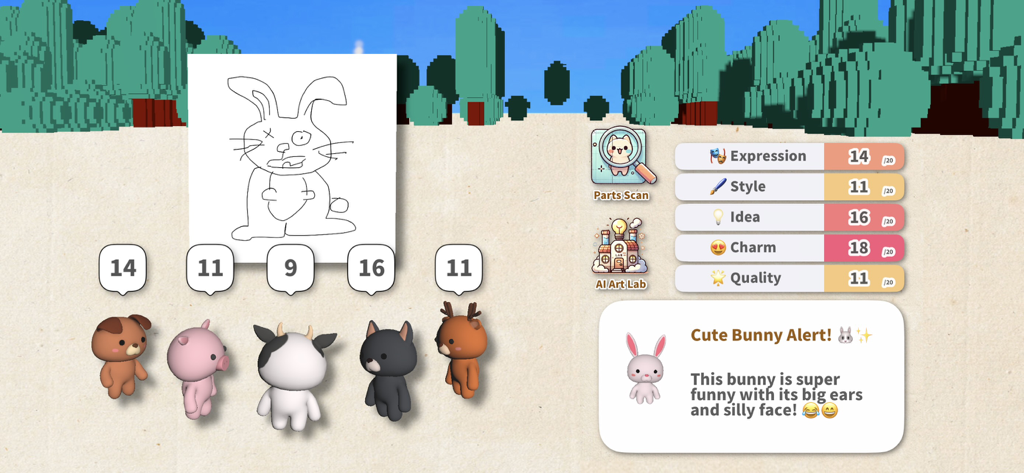 Draw Battle Online - Une esquisse de lapin dessinée à la main étant notée par l'IA avec des métriques d'expression et de style dans l'application Draw Battle Online.