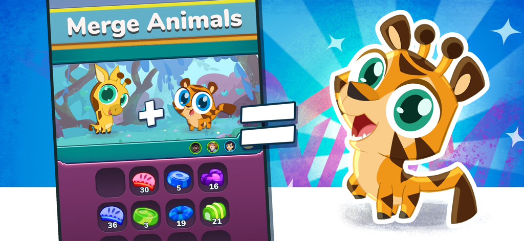 Merge Zoo - Merge Zoo gameplay showing a giraffe and tiger merging to create a new hybrid animal alongside colorful candies