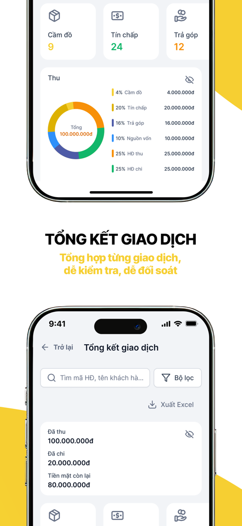 LendMe - Interfaz de la aplicación LendMe que muestra el resumen de transacciones y el panel financiero para la gestión de casas de empeño en vietnamita