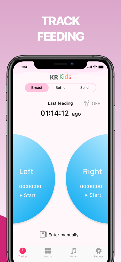 KR Kids app interface showing timers for breastfeeding on the left and right sides