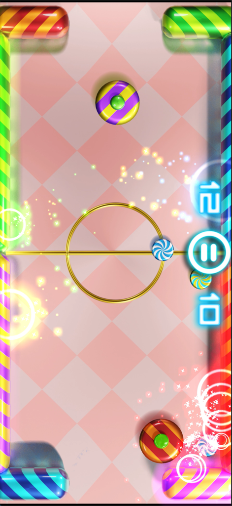 Glow Hockey 2 - Glow Hockey 2 mobile game displaying a candy-themed air hockey table with colorful stripes and glowing effects.