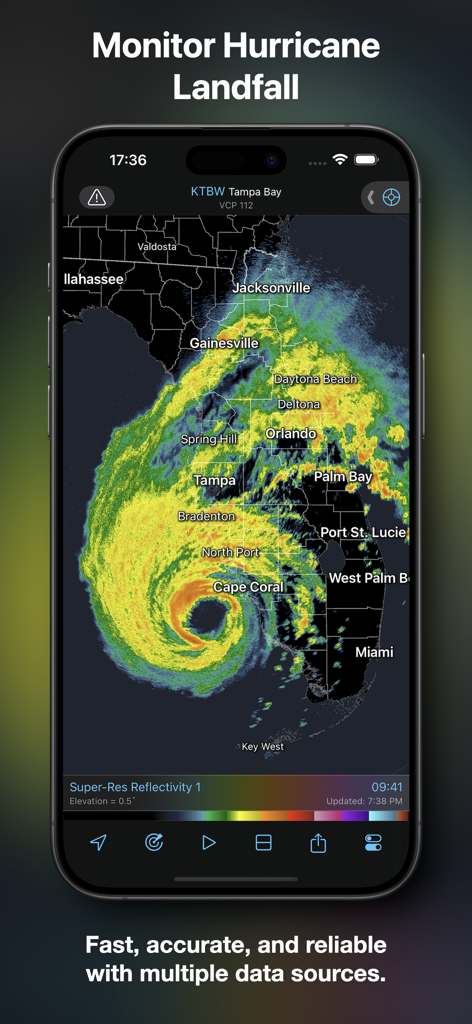 RadarScope app interface displaying a high-resolution hurricane radar loop over Florida.