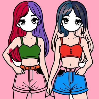 two sisters with crop tops and jean shorts and straight hair