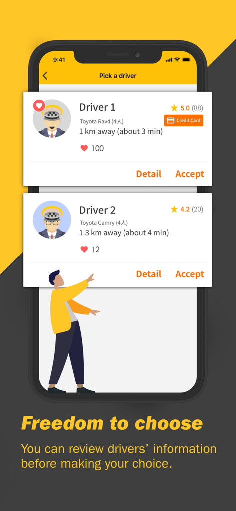 FindTaxi - FindTaxi app interface showing driver profiles with ratings and vehicle details for selection