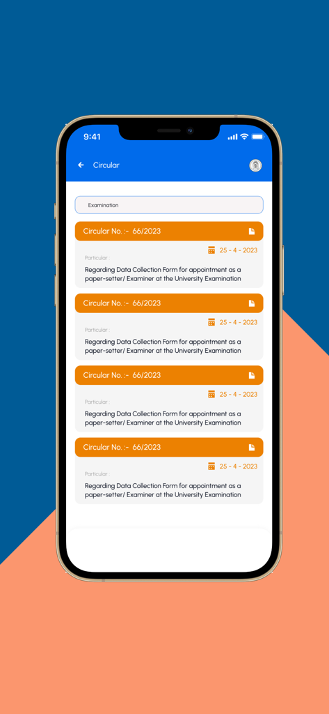 Official circulars and examination notifications on the HNGU app interface