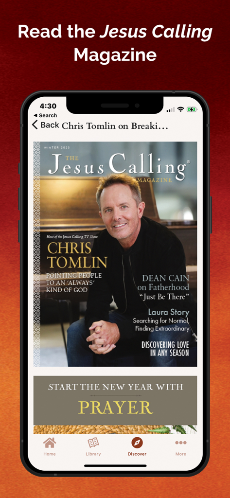A screenshot of the Jesus Calling app showing the digital magazine cover featuring artist Chris Tomlin.