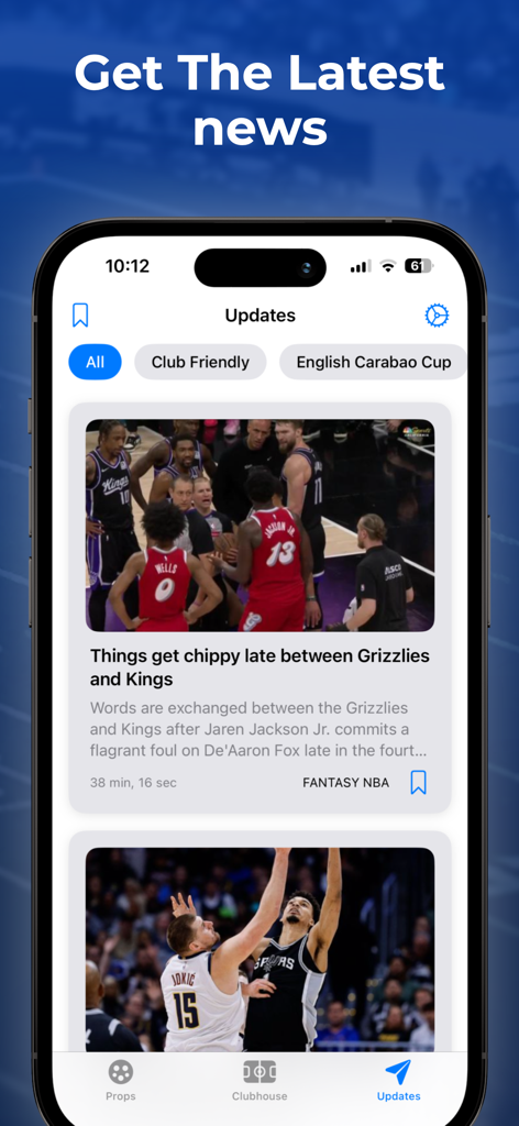 SportBuddy AI: Live Scores - SportBuddy AI app interface displaying a news feed with the latest updates on NBA games and fantasy sports news