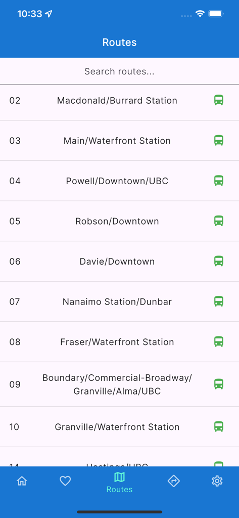 Vancouver Transit Live - L'écran de l'application Vancouver Transit Live affiche une liste consultable des itinéraires de bus TransLink, y compris les numéros d'itinéraire et les destinations.