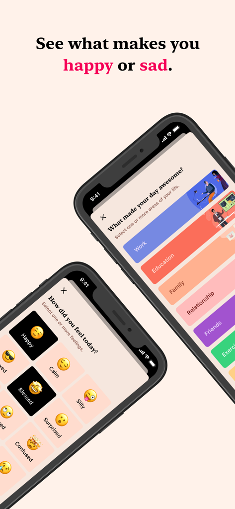 Interface of the Tangerine app showing options to track daily moods with emojis and categorize activities like work, family, and exercise.