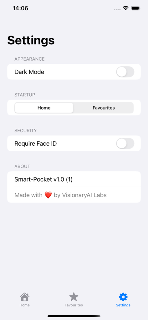 Smart-Pocket - Pantalla de configuración de la aplicación Smart-Pocket que muestra opciones de personalización y seguridad