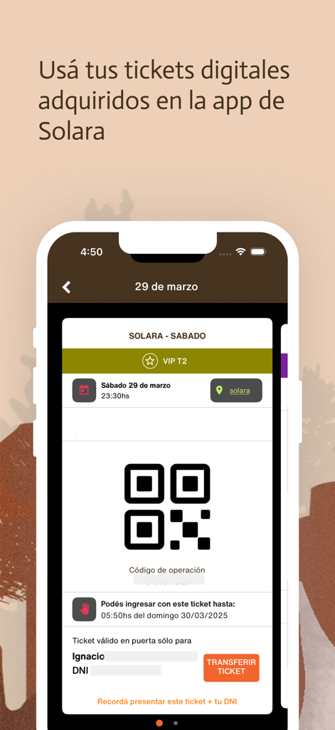 Solara - A mobile smartphone screen displaying a digital event ticket with a QR code and transfer option within the Solara app.