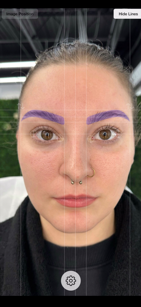 Brow Designer - Aplicativo profissional de mapeamento de sobrancelhas mostrando linhas de grade de simetria e sobreposições de sobrancelhas roxas em um rosto