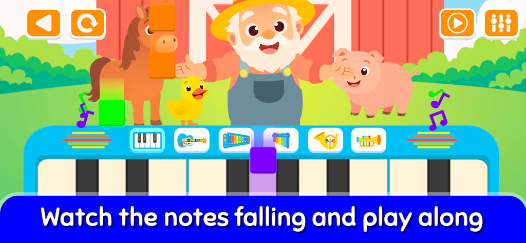 Musical Instruments Learn - Niños aprendiendo a tocar el piano combinando notas que caen en una colorida escena de granja con un granjero y animales.