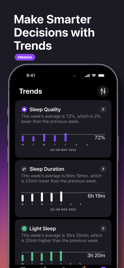 Pillow sleep tracker app trends dashboard displaying weekly sleep quality and duration metrics